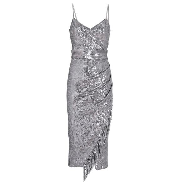 NWT Saylor Azariah Fringed Silver Gunmetal Sequin Wrap Dress. Size M. - Picture 5 of 12